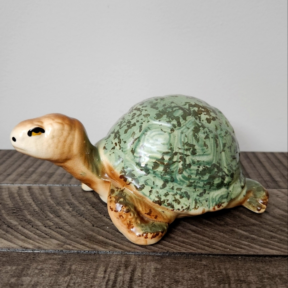 Glazed Ceramic Green Brown Turtle Figurine Pottery Coastal Decor 🐢🐢